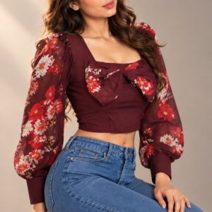 Women's Burgundy Floral Puff Sleeve Crop Top with Bow Detail