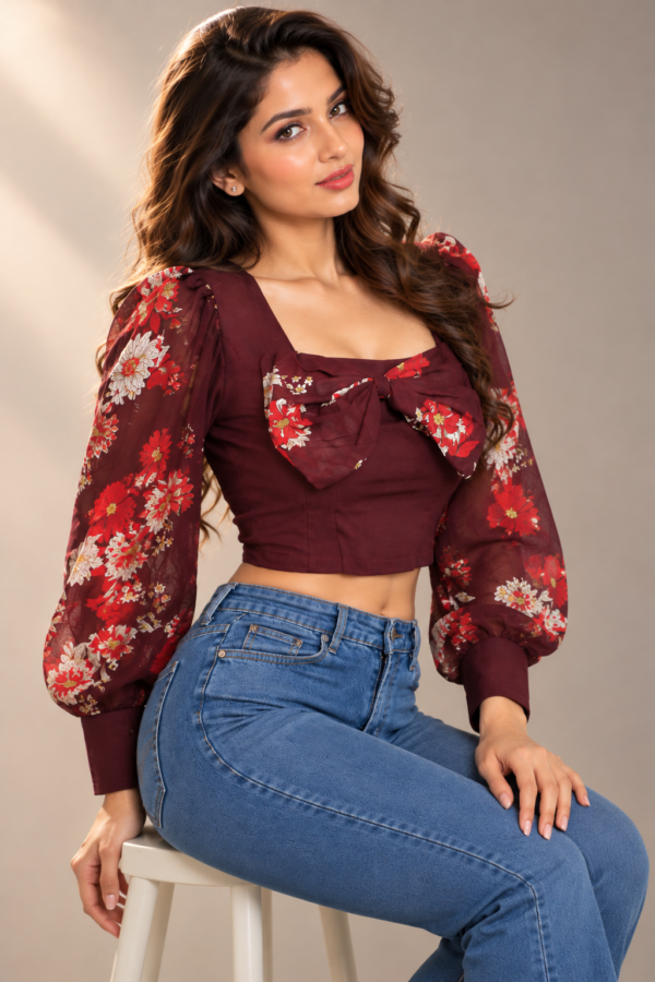 Women's Burgundy Floral Puff Sleeve Crop Top with Bow Detail